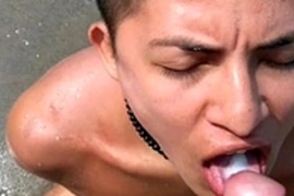 swallowing daddy cum on the beach