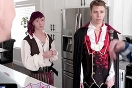 Twink trade - hot and horny stepdads put on costumes and surprise their teen twinks on the couch