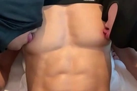 Amazing fit six pack and big pecs asian guy nipple played and sucked